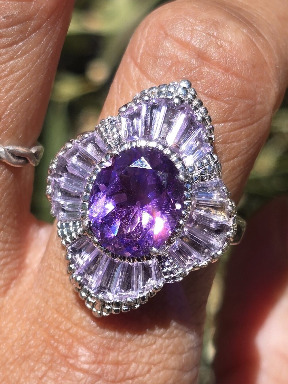 Huge Art Deco amethyst lavender tourmaline baugette sterling silver 925 cocktail